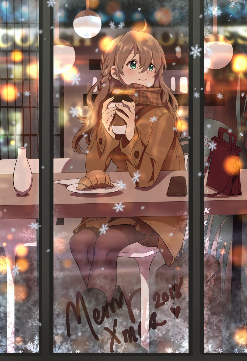 1girl ahoge bag braid brown_coat brown_hair brown_skirt cellphone christmas closed_mouth coat coffee_cup commentary counter cup disposable_cup english_commentary green_eyes hair_between_eyes handbag highres lights long_hair looking_up merry_christmas original pantyhose pastry phone plate scarf sitting skirt smartphone smile snowflakes table window yume_ou