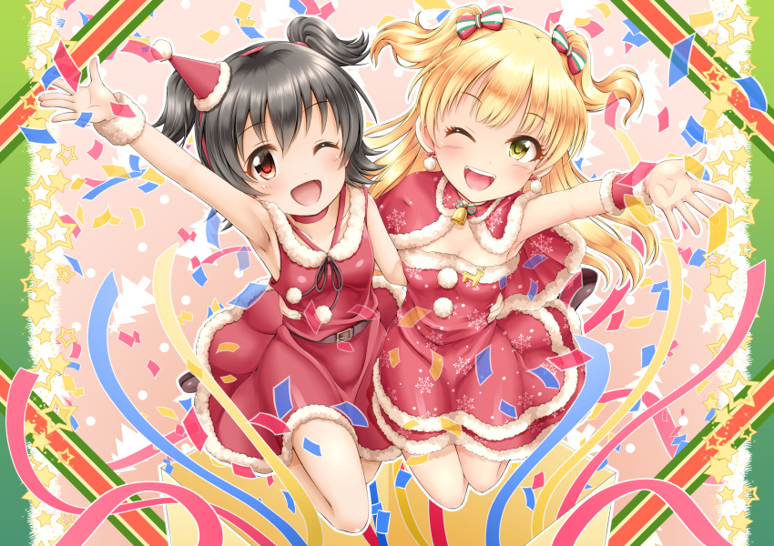 2girls ;d akagi_miria arm_up bangs bare_shoulders bell belt belt_buckle black_hair blonde_hair blush breasts brown_belt brown_ribbon buckle choker christmas cleavage collarbone commentary_request confetti dress eyebrows_visible_through_hair fur-trimmed_dress fur-trimmed_hat green_eyes hair_between_eyes hat highres idolmaster idolmaster_cinderella_girls idolmaster_cinderella_girls_starlight_stage jougasaki_rika long_hair multiple_girls neck_ribbon one_eye_closed open_mouth outstretched_arm pom_pom_(clothes) red_choker red_dress red_eyes red_hat regular_mow ribbon santa_costume santa_hat sleeveless sleeveless_dress small_breasts smile star streamers two_side_up very_long_hair wrist_cuffs