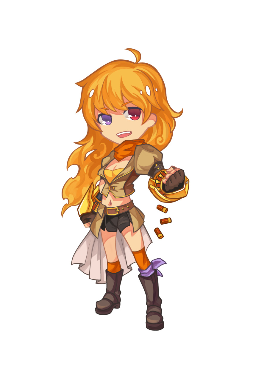 1girl :d absurdres ahoge asymmetrical_legwear belt black_shorts blonde_hair boots breasts brown_footwear brown_gloves cartridge chibi cleavage eyebrows_visible_through_hair fingerless_gloves full_body gloves heterochromia highres knee_boots kneehighs long_hair m_yin midriff navel open_mouth orange_legwear orange_scarf red_eyes rwby scarf short_shorts shorts simple_background single_kneehigh single_thighhigh small_breasts smile solo standing stomach thigh-highs very_long_hair violet_eyes white_background yang_xiao_long