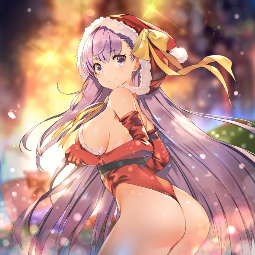 1girl ass bare_shoulders bb_(fate)_(all) bb_(fate/extra_ccc) breasts clenched_hand elbow_gloves eyebrows_visible_through_hair fate/extra fate/extra_ccc fate_(series) gloves hood legs long_hair looking_at_viewer purple_hair red_gloves smile snowing solo teddy_(khanshin) very_long_hair violet_eyes