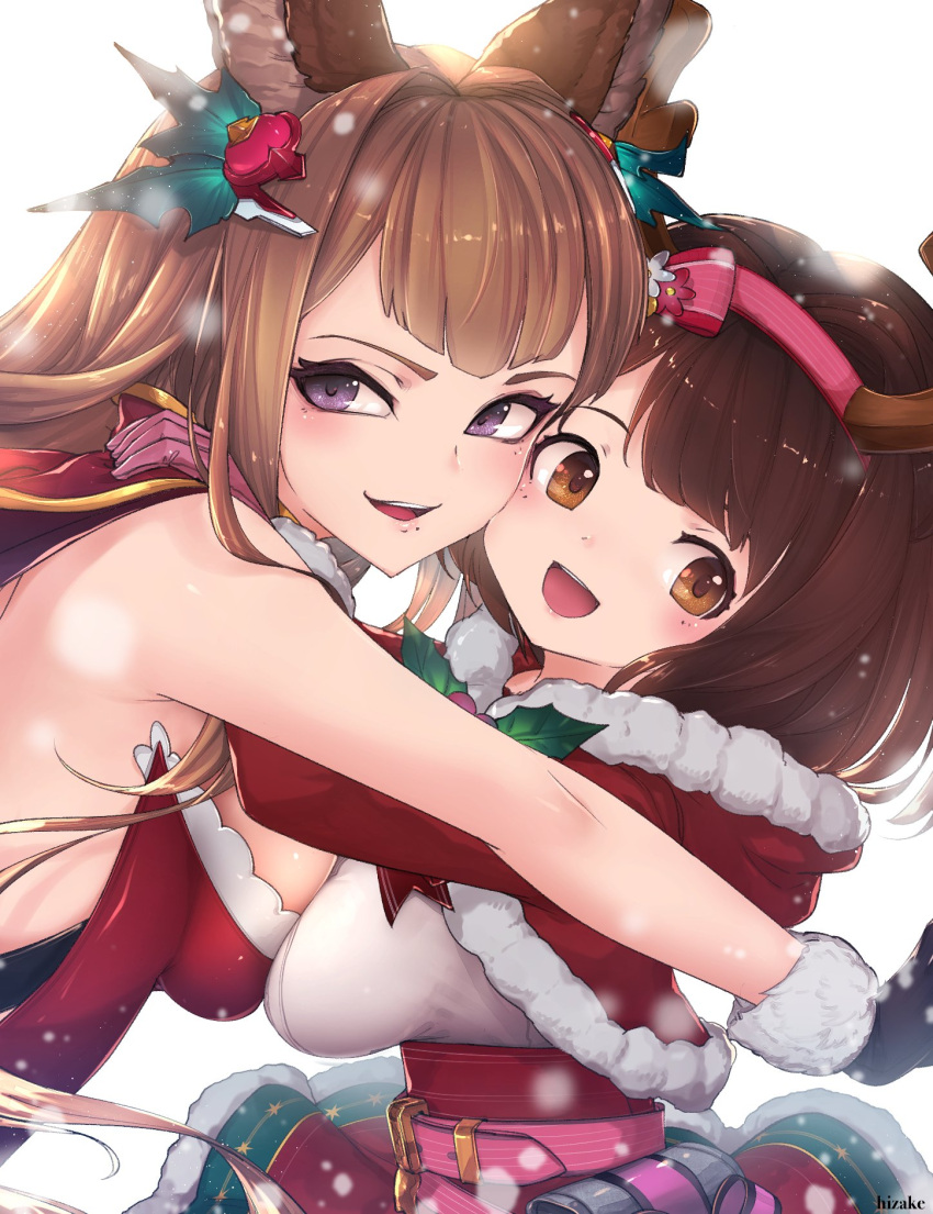 2girls :d artist_name asymmetrical_docking bangs bare_shoulders belt black_gloves blush breast_press breasts brown_eyes brown_hair capelet cheek-to-cheek christmas commentary draph erune fake_antlers from_side fur-trimmed_capelet fur-trimmed_skirt fur_trim gloves granblue_fantasy hair_ornament hairband head_tilt highres hug kashu_(hizake) long_hair long_sleeves looking_at_viewer looking_to_the_side medium_breasts medium_hair metera_(granblue_fantasy) mole mole_under_mouth multiple_girls open_mouth pink_belt pink_gloves pink_hairband red_capelet red_skirt shiny shiny_hair shirt skirt smile snowing star swept_bangs upper_body violet_eyes white_background white_shirt yaia_(granblue_fantasy)