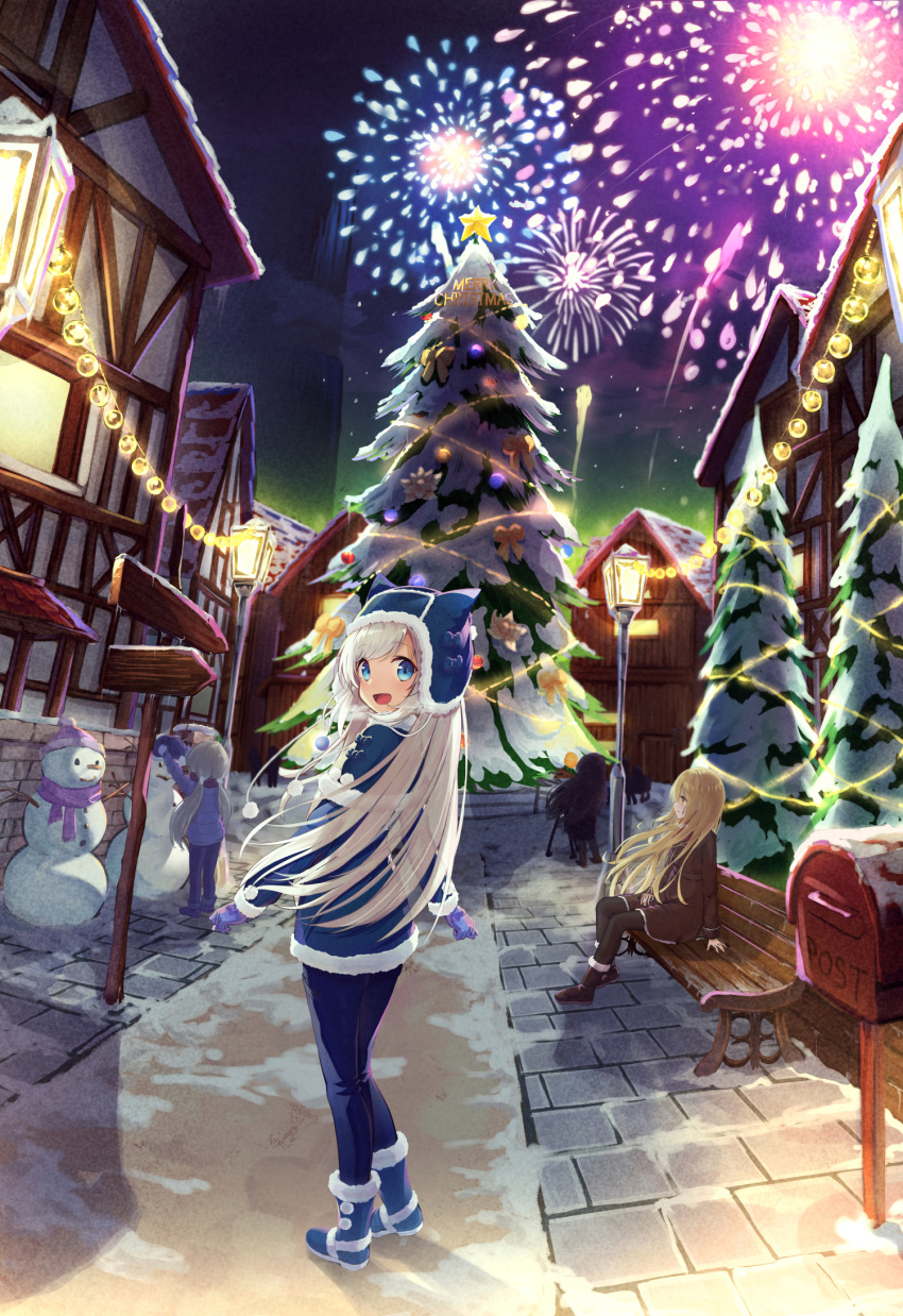 4girls :d aerial_fireworks animal_ears animal_hood arm_support arms_up bangs bench black_footwear black_legwear blonde_hair blue_capelet blue_eyes blue_footwear blue_pants blue_shirt boots brick_wall brown_coat building capelet cat_hood child christmas christmas_lights christmas_tree coat eyebrows_visible_through_hair fake_animal_ears fireworks fur-trimmed_boots fur-trimmed_capelet fur_trim gloves grey_hair highres hood house lamppost lkjun_(jg010118) long_hair long_sleeves looking_at_viewer looking_back low_twintails multiple_girls night night_sky open_mouth original outdoors pants pantyhose park_bench pavement postbox_(outgoing_mail) profile purple_gloves road shirt sign silver_hair sitting sky smile snow snowman standing star street swept_bangs town twintails winter_clothes yellow_eyes