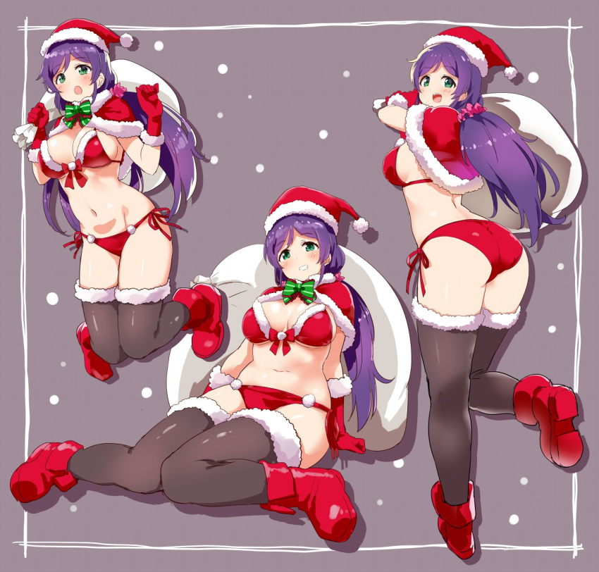 1girl :d :o ass bikini black_legwear blush boots bow breasts capelet christmas cleavage fur-trimmed_capelet fur-trimmed_gloves fur-trimmed_legwear fur_trim gloves green_bow green_eyes grey_background groin hair_ornament hair_scrunchie hands_up hat highres holding holding_sack jumping kurokawa_makoto large_breasts leg_up long_hair looking_at_viewer love_live! love_live!_school_idol_project multiple_views navel open_mouth purple_hair red_bikini red_capelet red_footwear red_gloves red_hat sack santa_hat scrunchie side-tie_bikini sitting smile snow standing standing_on_one_leg stomach striped striped_bow swimsuit teeth thigh-highs toujou_nozomi twintails