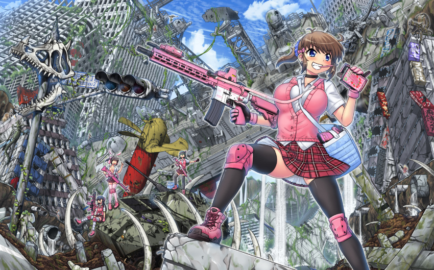 6+girls aircraft battleship black_legwear blue_eyes blush breasts brown_hair choker food gloves gun hase_yu helicopter knee_pads military military_vehicle mouth_hold multiple_girls original pink_footwear pink_gloves plaid plaid_skirt pocky ponytail ruins school_uniform ship skirt skull smile solo_focus tagme thigh-highs warship watercraft weapon