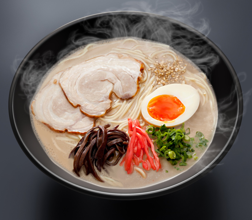 bowl egg food grey_background highres hokkaido_(artist) no_humans noodles original pork ramen realistic steam