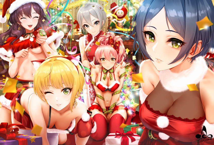 5girls animal_ear_fluff animal_ears bangs bare_shoulders belt black_belt black_bow black_eyes black_hair black_panties blonde_hair blue_eyes blush bound bound_wrists bow bowtie box bracelet breasts brown_hair capelet cat_ears china_dress chinese_clothes cleavage closed_eyes closed_mouth collarbone confetti crop_top dress earrings elbow_gloves eyebrows_visible_through_hair fake_animal_ears fireplace fur-trimmed_capelet fur-trimmed_dress fur-trimmed_gloves fur_collar fur_trim gift gift_box gloves green_eyes grey_hair hair_between_eyes hair_bow hair_ribbon hat hayami_kanade highleg highleg_panties highres ichinose_shiki idolmaster idolmaster_cinderella_girls idolmaster_cinderella_girls_starlight_stage indoors infinote jewelry large_breasts lipps_(idolmaster) lips long_hair looking_at_viewer medium_breasts midriff miniskirt mittens miyamoto_frederica multiple_girls navel no_bra no_shoes one_eye_closed open_mouth panties parted_bangs parted_lips party_popper paw_pose pink_hair pom_pom_(clothes) ponytail red_bow red_capelet red_dress red_gloves red_hat red_legwear red_mittens red_ribbon red_skirt ribbon santa_hat see-through shiomi_shuuko short_hair sitting skindentation skirt sleeveless sleeveless_dress smile strap_slip striped striped_bow striped_ribbon thigh-highs under_boob underwear v_arms wariza wavy_hair white_legwear yellow_eyes zettai_ryouiki