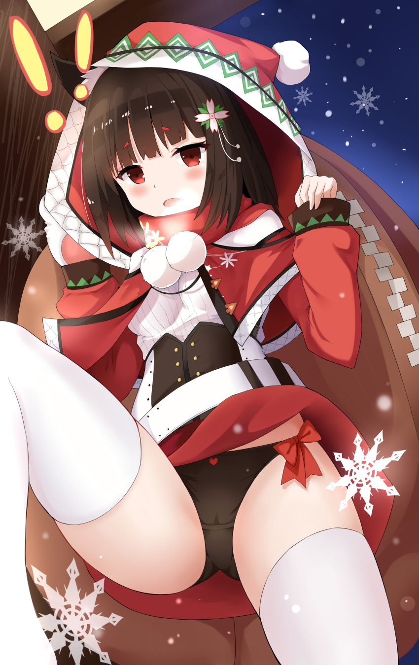 !! 1girl :o absurdres azur_lane bangs belt black_hair black_panties blush breasts breath capelet christmas commentary_request crotch_seam eyebrows_visible_through_hair fang from_below hair_ornament hands_up highres holding holding_sack hood knee_up long_sleeves looking_at_viewer medium_breasts miniskirt night night_sky open_mouth panties pom_pom_(clothes) qianqiu_wanxia red_capelet red_eyes red_skirt ribbed_sweater sack santa_costume short_hair skirt sky sleeves_past_wrists snowflakes snowing solo sweater thigh-highs underbust underwear white_legwear white_sweater winter yamashiro_(azur_lane)