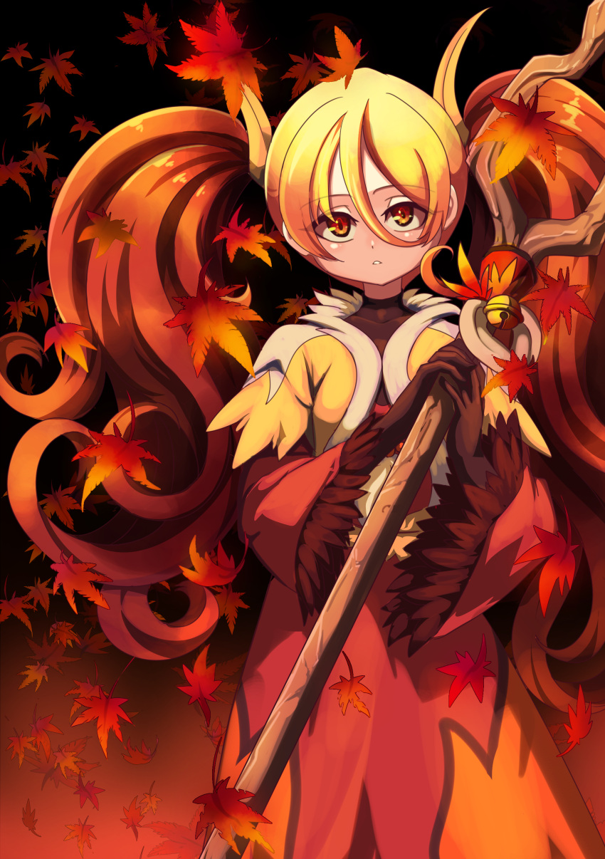 1girl absurdres autumn_leaves bell black_background blonde_hair borokuro brown_gloves brown_hair creatures_(company) delphox dress falling_leaves flame_print game_freak gen_6_pokemon gloves hair_between_eyes highres holding holding_staff leaf long_hair long_sleeves looking_at_viewer nintendo personification pokemon red_dress red_eyes solo staff standing twintails very_long_hair