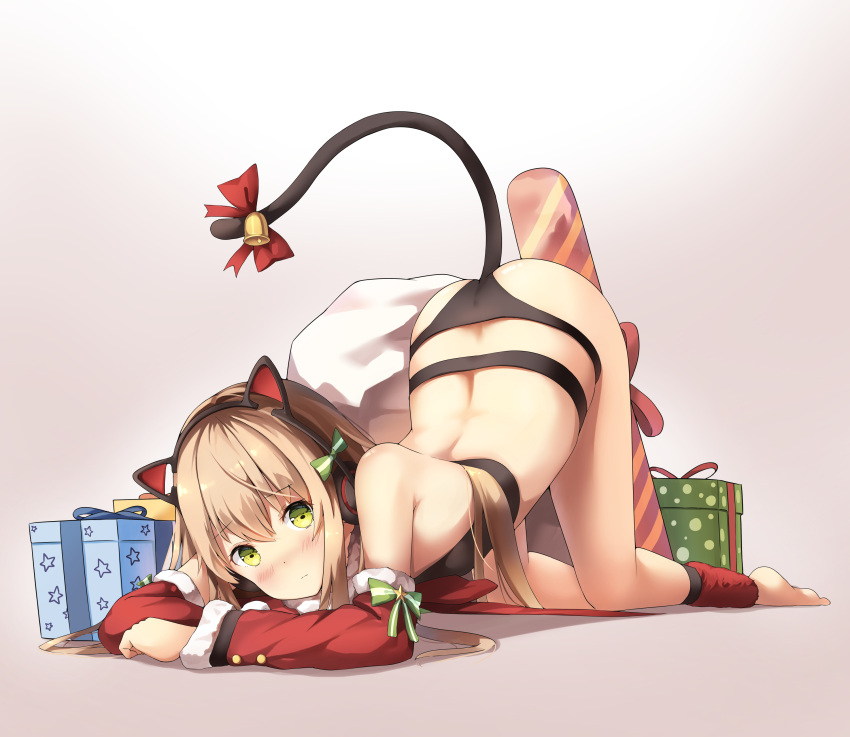 1girl absurdres animal_ears ass bangs bare_shoulders bell blonde_hair blush bow box cat_ear_headphones cat_ears cat_tail christmas detached_sleeves eyebrows_visible_through_hair fur_trim gift gift_box girls_frontline green_eyes hair_between_eyes headphones highres long_hair looking_at_viewer sidelocks simple_background sobmarine solo tail tmp_(girls_frontline) top-down_bottom-up