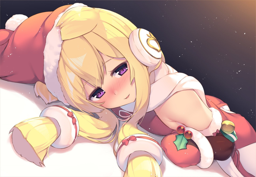 1girl azur_lane bangs bare_shoulders blonde_hair blush breasts brown_sleeves christmas commentary_request detached_sleeves dress dutch_angle earmuffs eyebrows_visible_through_hair fur-trimmed_hat fur-trimmed_mittens fur-trimmed_sleeves fur_trim hair_between_eyes hair_ears hair_ornament hat highres long_hair long_sleeves looking_at_viewer looking_to_the_side mittens nose_blush olive_(laai) parted_lips red_dress red_hat red_mittens santa_hat scarf small_breasts smile solo violet_eyes warspite_(azur_lane) white_scarf