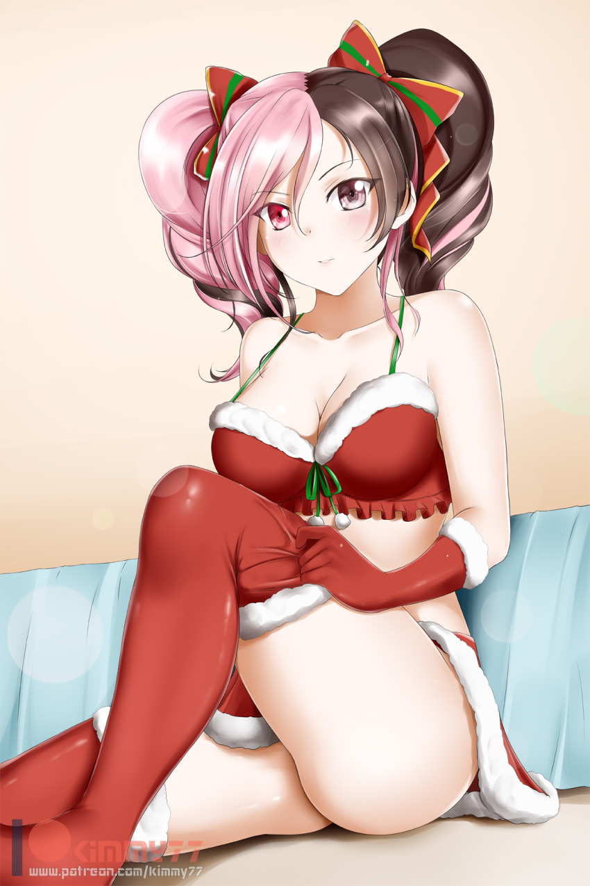 1girl alfred_cullado artist_name boots bow breasts brown_eyes brown_hair cleavage drill_hair gloves hair_bow heterochromia highres medium_breasts midriff miniskirt multicolored_hair neo_(rwby) pink_eyes pink_hair rwby santa_boots santa_costume santa_gloves sitting skirt sleeveless solo thighs twin_drills