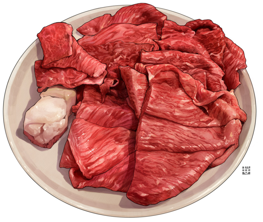 beef commentary_request food meat momiji_mao no_humans original plate raw_meat simple_background white_background