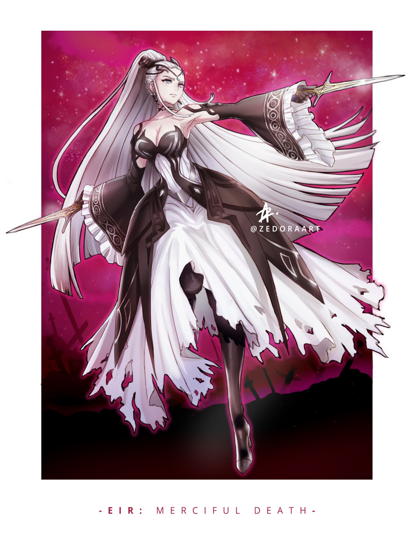 1girl absurdres black_gloves breasts character_name cleavage closed_mouth crying crying_with_eyes_open dagger detached_sleeves dress earrings eir_(fire_emblem) fire_emblem fire_emblem_heroes full_body gloves hair_ornament high_heels highres holding holding_dagger holding_weapon jewelry leg_up long_hair medium_breasts nintendo ponytail silver_hair solo strapless strapless_dress tears torn_clothes twitter_username weapon wide_sleeves zedoraart