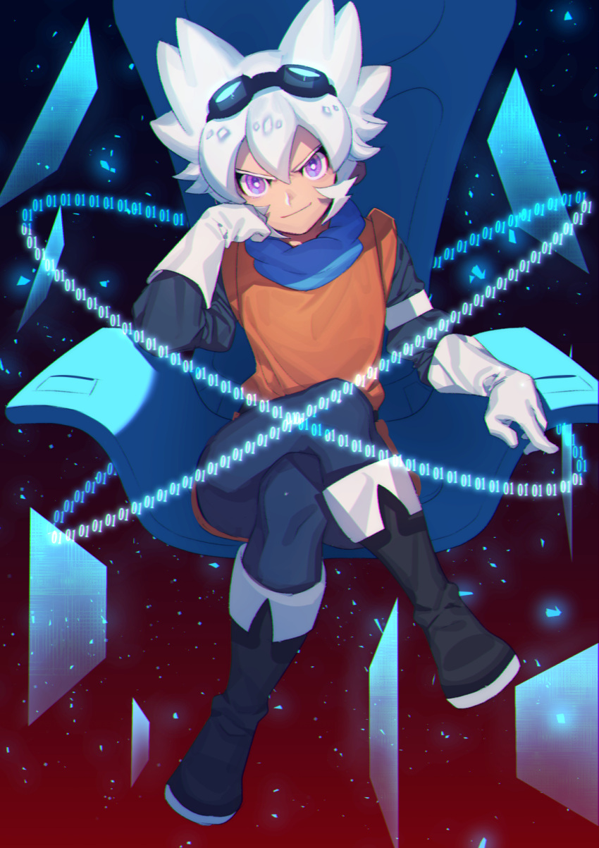 1boy belt binary boots broken_glass chair character_request copyright_request floating glass gloves glowing goggles goggles_on_head highres legs_crossed number orange_shirt scarf shirt short_hair sitting smile solo spiky_hair violet_eyes white_gloves white_hair zuizi