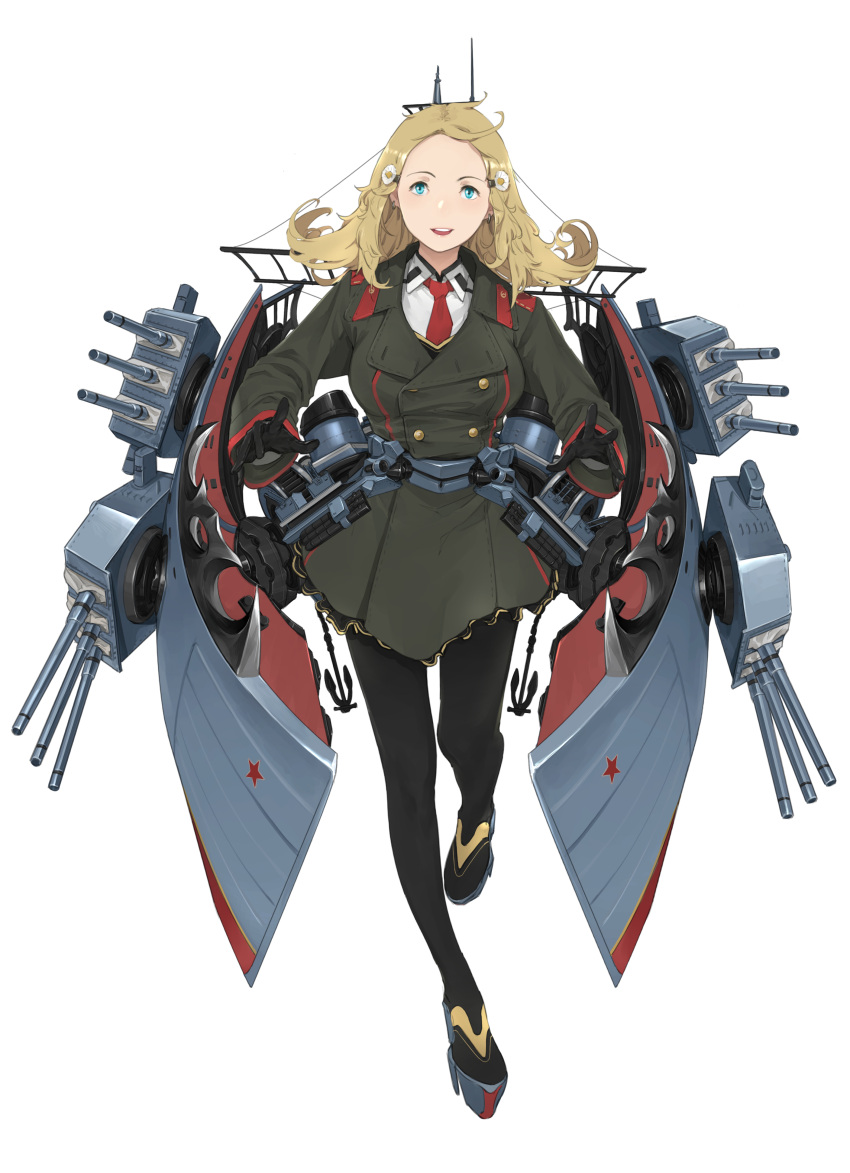 1girl :d absurdres black_gloves black_legwear blonde_hair character_request collared_shirt commentary_request full_body gloves hair_ornament high_heels highres long_hair long_sleeves looking_at_viewer machinery military military_uniform necktie open_mouth pantyhose platform_footwear red_neckwear rigging shirt simple_background smile solo somehira_katsu standing standing_on_one_leg steelblue_mirage uniform warship_girls_r white_background white_shirt wing_collar