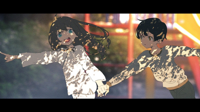 1boy 1girl :d bangs black_hair black_pants blue_eyes blurry blurry_background brown_eyes dappled_sunlight day hand_holding long_hair long_sleeves open_mouth original outdoors pants pointing pointing_forward rolua round_teeth running shirt smile sunlight teeth white_pants white_shirt windowboxed