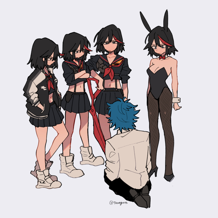 1boy 4girls animal_ears bangs black_blouse black_footwear black_hair black_jacket black_legwear black_pants black_skirt blouse blue_eyes blue_hair bow bowtie breasts bunny_tail bunnysuit cleavage closed_mouth commentary crossed_arms detached_collar eyebrows_visible_through_hair fake_animal_ears frown glaring grey_background half-closed_eyes hands_in_pockets high_heels highlights highres holding holding_weapon jacket kill_la_kill legwear_under_shorts leotard letterman_jacket looking_at_another matoi_ryuuko medium_breasts midriff mikisugi_aikurou mittsun multicolored_hair multiple_girls multiple_persona navel neckerchief no_legwear open_clothes open_jacket pants pantyhose pleated_skirt rabbit_ears red_neckwear redhead school_uniform scissor_blade seiza senketsu serafuku shirt shoes short_hair shorts simple_background sitting skirt sleeves_rolled_up standing strapless strapless_leotard suspenders tail twitter_username two-tone_hair v-shaped_eyebrows weapon white_footwear white_shirt