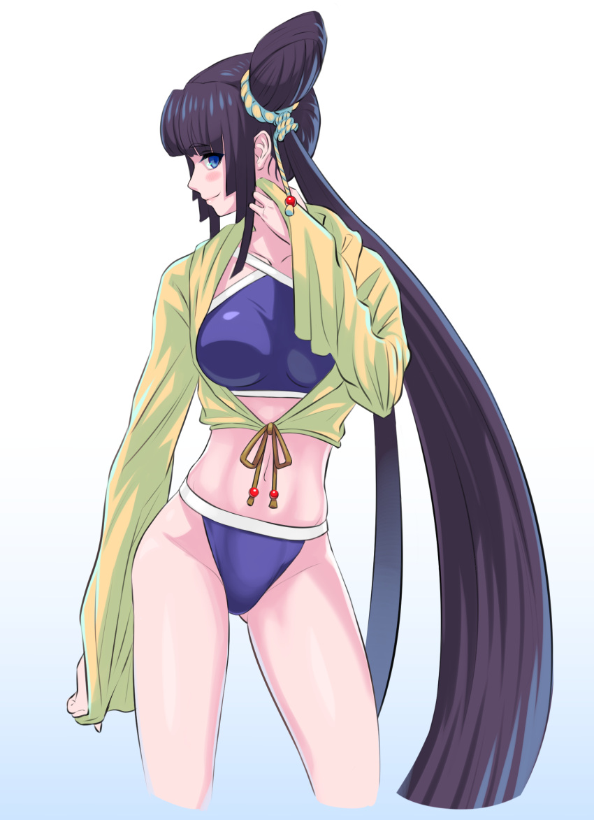 1girl ass_visible_through_thighs bangs bikini blue_background blue_bikini blue_eyes commentary_request contrapposto cropped_legs eyebrows_visible_through_hair fate/grand_order fate_(series) gradient gradient_background green_jacket hair_bun highres jacket jellyring long_hair long_sleeves looking_at_viewer open_clothes open_jacket profile purple_hair side_ponytail simple_background sleeves_past_wrists smile solo standing swimsuit ushiwakamaru_(fate/grand_order) ushiwakamaru_(swimsuit_assassin)_(fate) very_long_hair white_background