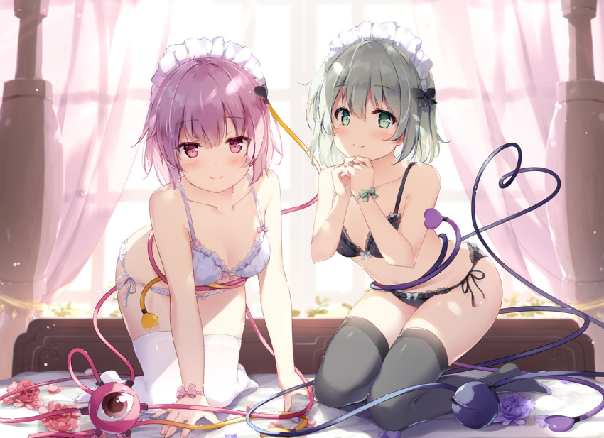 2girls all_fours arm_support bangs bare_arms bare_shoulders black_bra black_legwear black_panties blue_flower blue_rose blurry blush bow bow_bra bow_panties bra breasts commentary_request curtains depth_of_field eyebrows_visible_through_hair flower green_bow green_eyes green_hair hair_between_eyes hands_up heart heart_of_string indoors kneeling komeiji_koishi komeiji_satori looking_at_viewer medium_breasts miyase_mahiro multiple_girls no_shoes on_bed own_hands_together panties pink_bow pink_eyes pink_flower pink_hair pink_rose rose short_hair siblings side-tie_panties sisters third_eye touhou underwear underwear_only white_bra white_legwear white_panties window wrist_bow