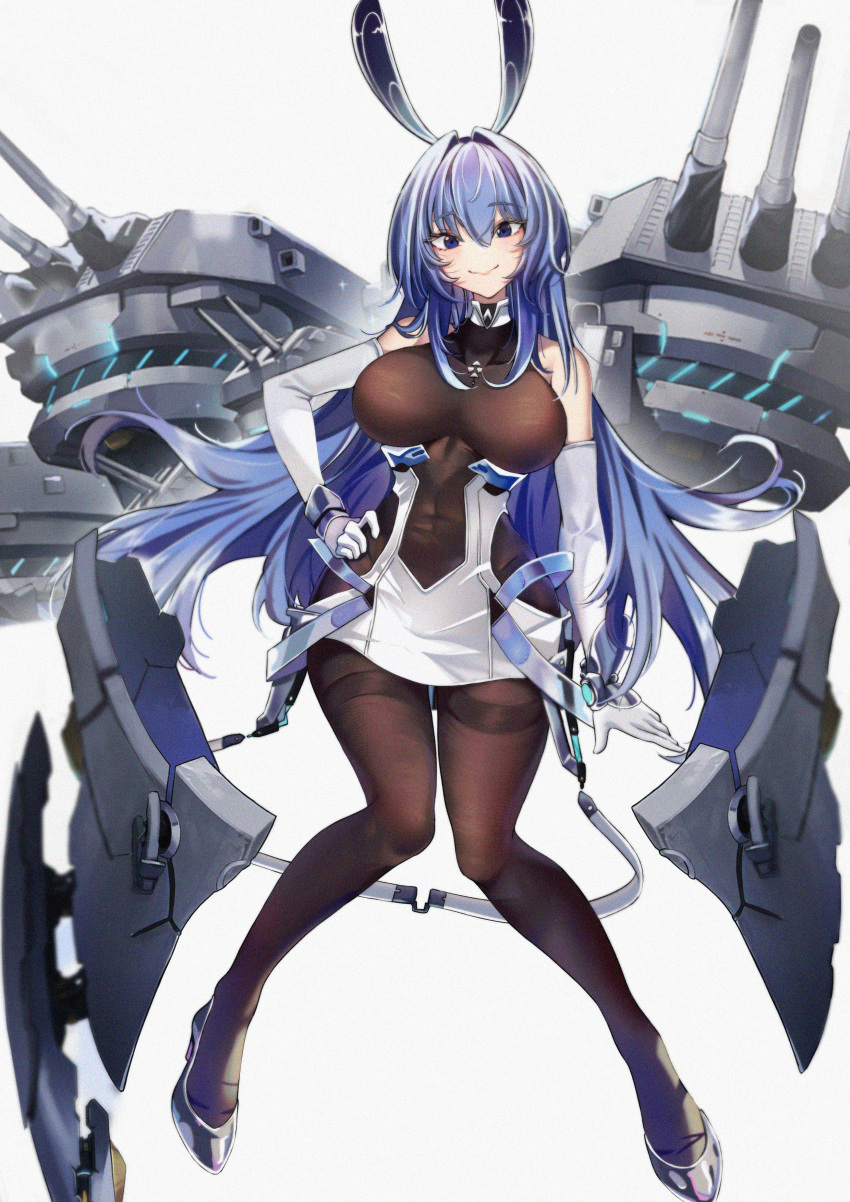 1girl absurdres an_yinyi azur_lane bangs bare_shoulders black_footwear black_legwear blue_eyes blue_hair blush bodystocking breasts chinese_commentary closed_mouth commentary_request covered_collarbone covered_navel dress elbow_gloves eyebrows_visible_through_hair full_body gloves hair_between_eyes hair_intakes hand_on_hip headgear high_heels highres knees_together_feet_apart large_breasts long_hair looking_at_viewer new_jersey_(azur_lane) pantyhose rigging side_cutout sidelocks simple_background smile solo thighband_pantyhose turret very_long_hair white_background white_dress white_gloves wrist_guards