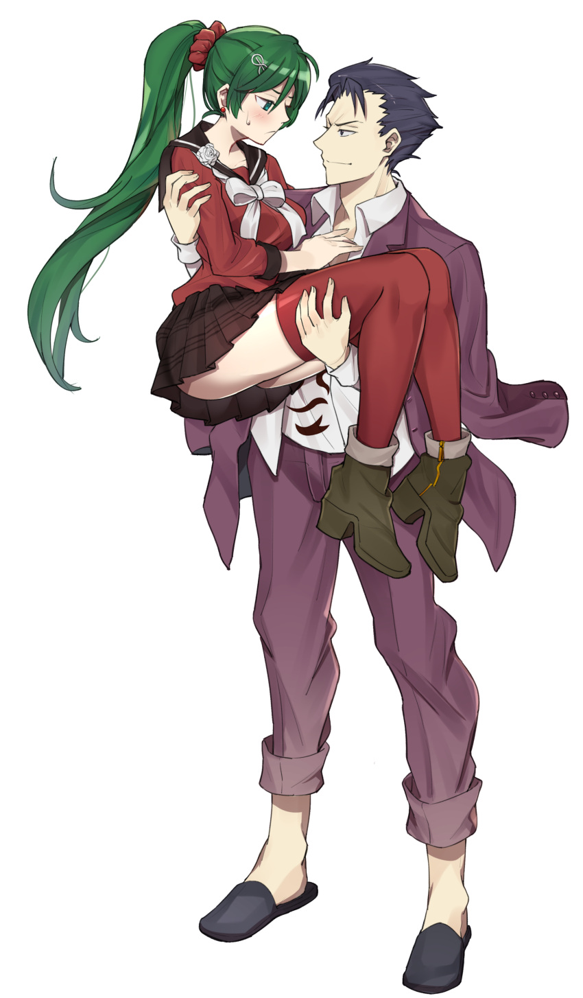 absurdres alternate_costume black_hair boots bow bowtie breasts carrying collared_shirt ear_piercing ebinku fire_emblem fire_emblem:_rekka_no_ken formal full_body green_eyes green_hair hair_ornament hair_slicked_back hector_(fire_emblem) highres long_hair looking_at_another lyndis_(fire_emblem) medium_breasts miniskirt nintendo pants piercing platform_boots pleated_skirt ponytail princess_carry red_legwear sailor_collar school_uniform scrunchie serafuku shirt short_hair simple_background skirt slippers standing suit sweatdrop thigh-highs thighs white_background