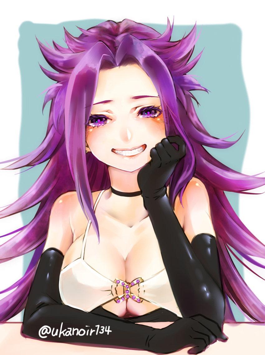 1girl alternate_costume bangs black_choker black_gloves breasts chin_rest choker cleavage collarbone commentary_request elbow_gloves elbows_on_table gloves grin highres jun'you_(kantai_collection) kantai_collection large_breasts long_hair parted_bangs purple_hair smile solo spaghetti_strap spiky_hair table teeth twitter_username uka_(kikarosso25) upper_body violet_eyes