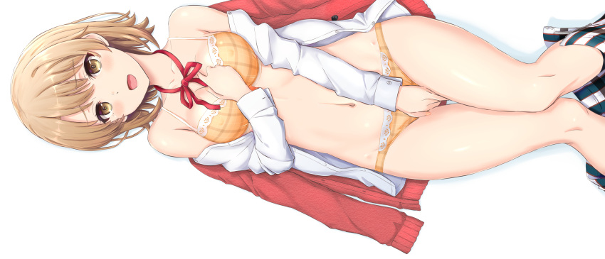 1girl bangs between_legs blush bra breasts brown_eyes brown_hair clothes_removed covered_nipples eyebrows_visible_through_hair hand_between_legs hand_on_own_chest highres isshiki_iroha knees_together_feet_apart long_hair looking_at_viewer medium_breasts navel off_shoulder open_clothes open_mouth open_shirt orange_bra orange_panties panties plaid red_ribbon ribbon school_uniform shirt short_hair simple_background skirt skirt_removed solo unbuttoned underwear white_background white_shirt yahari_ore_no_seishun_lovecome_wa_machigatteiru.