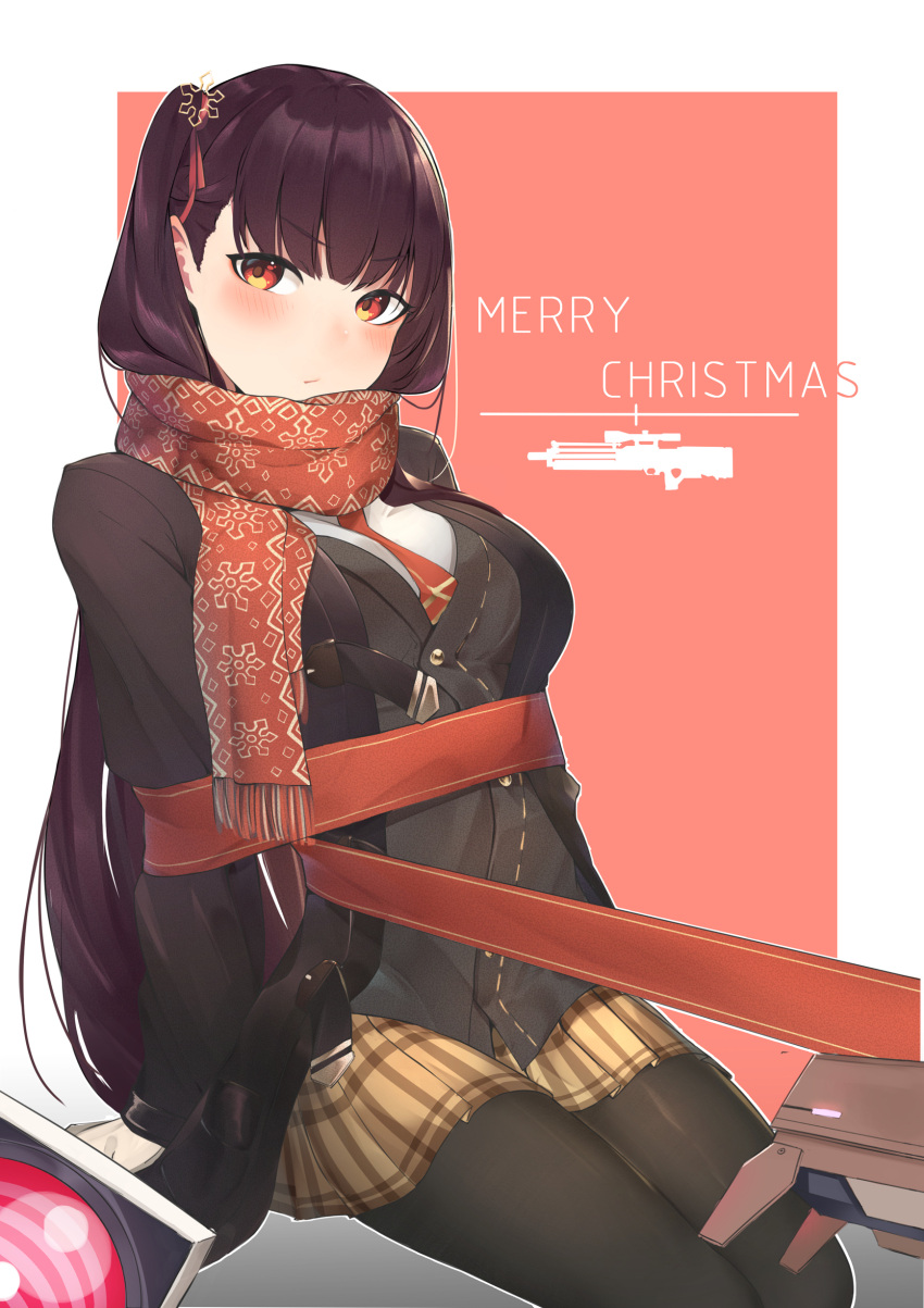 1girl absurdres alternate_costume bangs black_jacket black_legwear blush bound breasts brown_coat brown_skirt closed_mouth coat dinergate_(girls_frontline) embarrassed eyebrows_visible_through_hair girls_frontline gloves hair_ornament hair_ribbon highres jacket large_breasts leg_up long_hair looking_at_viewer necktie one_side_up pantyhose purple_hair red_eyes red_neckwear red_ribbon red_scarf ribbon scarf shirt sidelocks simple_background sitting skirt thighband_pantyhose tied_up tittu underwear very_long_hair wa2000_(girls_frontline) white_shirt