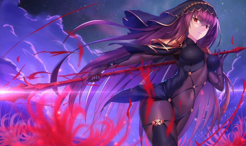 1girl bodysuit breasts clouds cloudy_sky commentary_request covered_navel fate/grand_order fate_(series) feng_mouren flower gae_bolg hair_intakes highres holding holding_weapon impossible_bodysuit impossible_clothes large_breasts leotard long_hair looking_at_viewer night outdoors parted_lips pauldrons polearm purple_bodysuit purple_hair purple_leotard red_eyes scathach_(fate)_(all) scathach_(fate/grand_order) shoulder_armor sky spear spider_lily star_(sky) starry_sky veil very_long_hair weapon