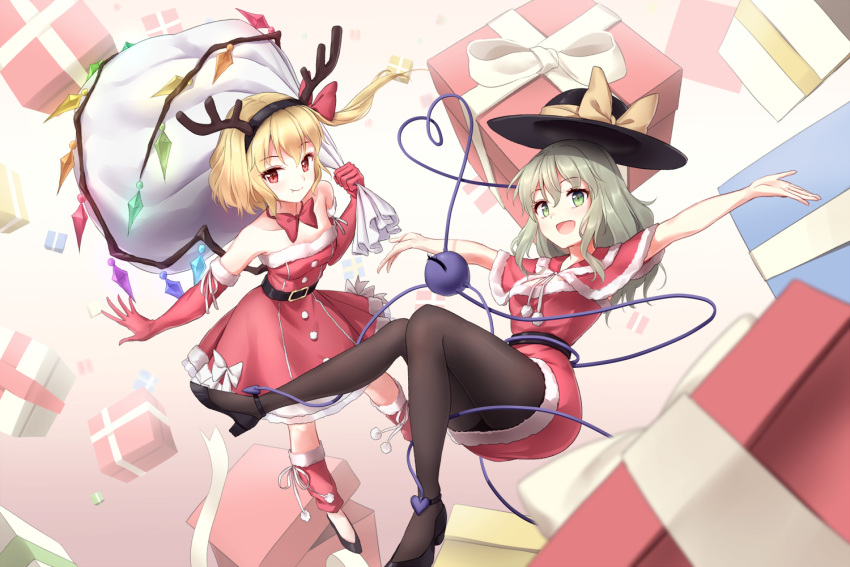 2girls :d alternate_costume bare_shoulders beige_background belt black_belt black_footwear black_hairband black_hat black_legwear blonde_hair boots bow bowtie box breasts capelet collarbone commentary_request crystal dress elbow_gloves fake_antlers fang_out feet_out_of_frame flandre_scarlet gift gift_box gloves gradient gradient_background green_eyes green_hair hair_ribbon hairband hand_up hat hat_bow heart heart_of_string high_heels holding holding_sack komeiji_koishi leg_warmers long_hair looking_at_viewer minust multiple_girls one_side_up open_mouth outstretched_arms pantyhose red_bow red_capelet red_dress red_eyes red_footwear red_gloves red_neckwear red_ribbon ribbon sack santa_costume short_hair small_breasts smile thighs third_eye touhou wings yellow_bow