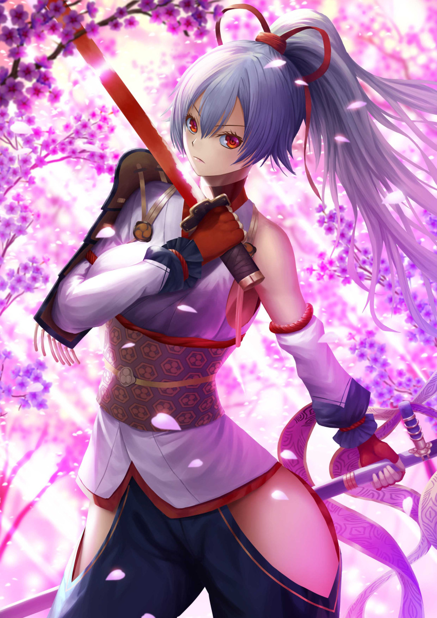 1girl absurdres armor asymmetrical_sleeves blue_hakama breasts cherry_blossoms detached_sleeves fate/grand_order fate_(series) fingerless_gloves flower fujifuji924 gloves hair_between_eyes hair_ribbon hakama highres hip_vent holding holding_sword holding_weapon japanese_armor japanese_clothes katana kimono long_hair medium_breasts mitsudomoe_(shape) obi petals ponytail red_eyes red_gloves red_ribbon red_sword ribbon sash scabbard sheath shoulder_armor silver_hair single_detached_sleeve sode solo sword tomoe_(symbol) tomoe_gozen_(fate/grand_order) tree weapon white_kimono white_sleeves