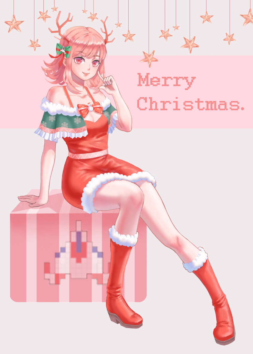 1girl absurdres antlers bare_shoulders boots box breasts christmas christmas_dress cleavage collarbone commentary_request dangan_ronpa dangan_ronpa_3 dress eyebrows_visible_through_hair hair_ornament hair_ribbon highres looking_at_viewer medium_breasts merry_christmas mopsial nanami_chiaki open_eyes open_mouth pink pink_background pink_eyes pink_hair pointing pointing_at_self red_dress red_footwear red_ribbon reindeer_antlers ribbon rocket_ship sitting snowman solo space_craft star super_dangan_ronpa_2