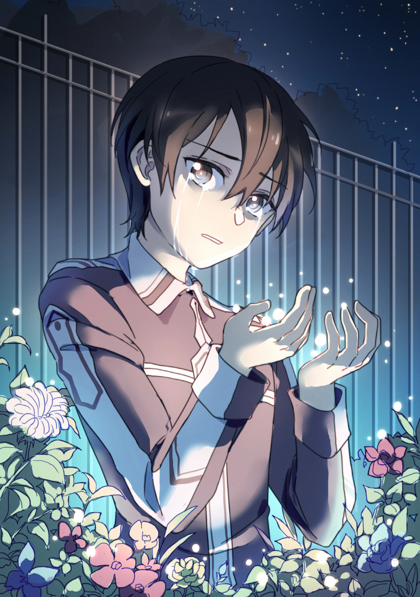1boy absurdres black_eyes black_hair crying crying_with_eyes_open flower highres kirito male_focus military military_uniform nauxii night outdoors sky solo star_(sky) starry_sky sword_art_online tears uniform upper_body white_flower