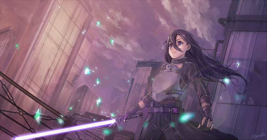 1boy androgynous beam_saber black_gloves black_hair black_pants breastplate brown_eyes clouds cloudy_sky cowboy_shot dutch_angle fingerless_gloves floating_hair giraffe_(artist) gloves hair_between_eyes highres holding holding_sword holding_weapon kirito_(sao-ggo) long_hair otoko_no_ko outdoors pants signature sky solo sword sword_art_online weapon