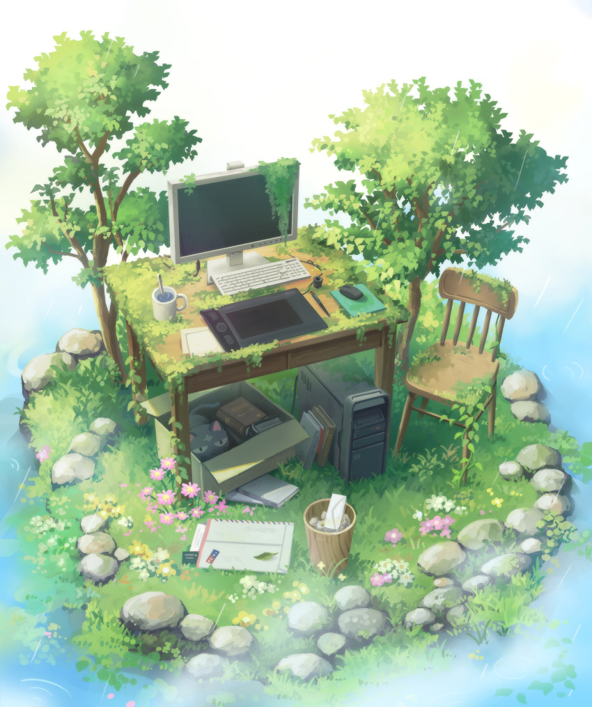 book box cable chair commentary computer cup desk envelope flower folder grass highres keyboard_(computer) leaf mitsuki_(yu_hsiang_yi) monitor mouse_(computer) mug nature no_humans original overgrown pebble pink_flower plant rain ripples ruins scenery spoon stuffed_animal stuffed_cat stuffed_toy stylus tablet_pc trash_can tree water white_flower