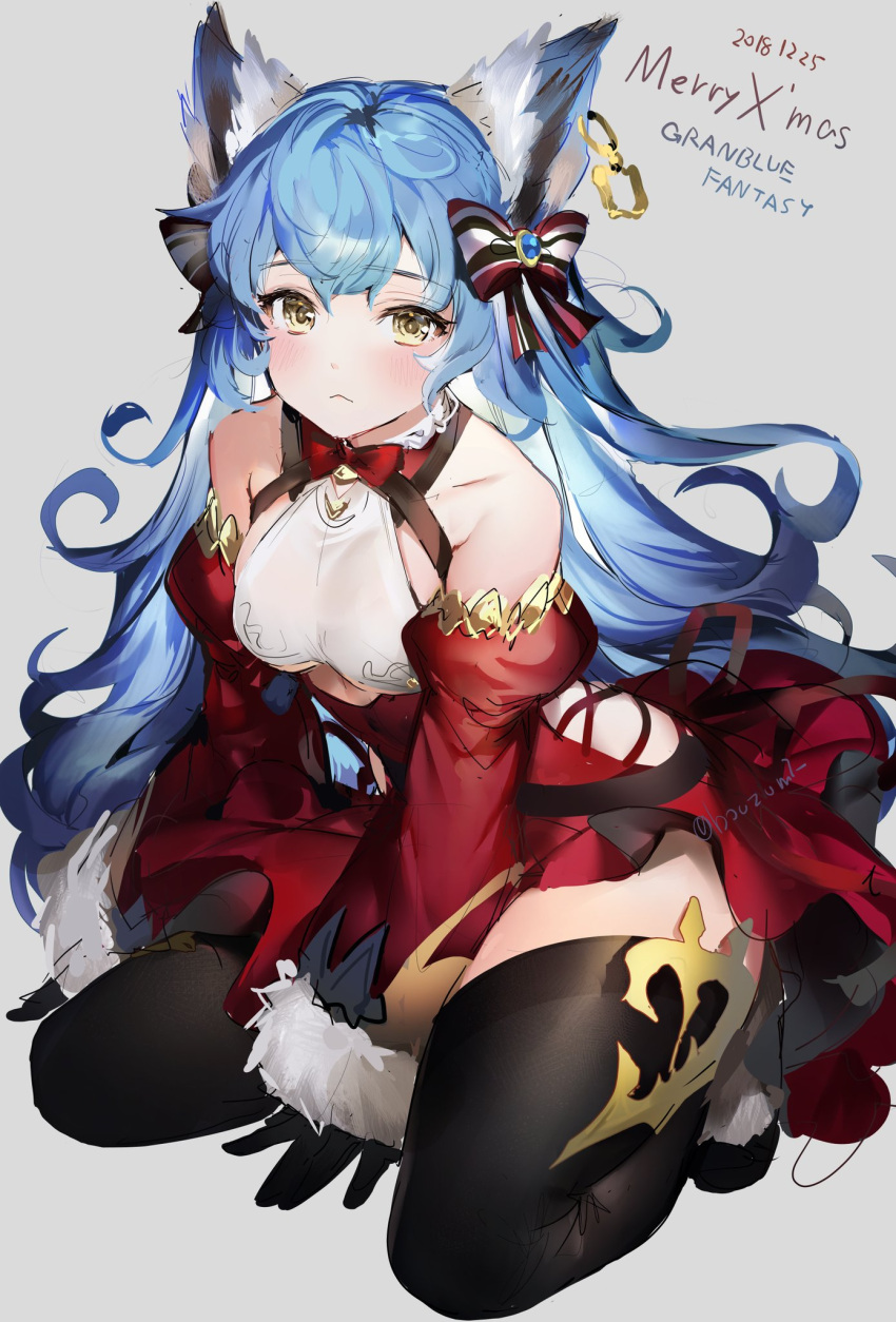 1girl alternate_costume animal_ears bare_shoulders blue_hair blush commentary commentary_request detached_sleeves earrings ferry_(granblue_fantasy) frown fur_trim granblue_fantasy hair_ribbon highres jewelry long_hair looking_at_viewer ribbon sitting skirt solo thigh-highs umibouzu_(niito) underboob_cutout wariza wavy_mouth yellow_eyes