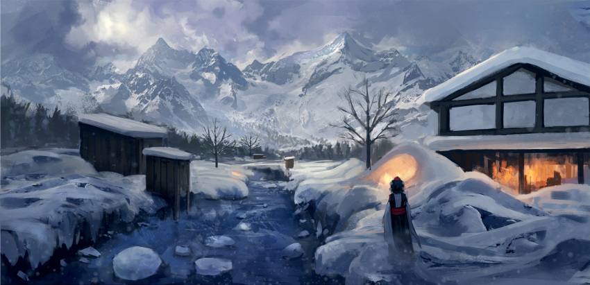 1girl bare_tree building clouds cloudy_sky fjsmu frozen grey_sky hat highres house ice kourindou_tengu_costume landscape mountain mountainous_horizon outdoors pom_pom_(clothes) red_hat river scenery shameimaru_aya sky snow snowing solo standing tokin_hat touhou tree water wide_shot winter