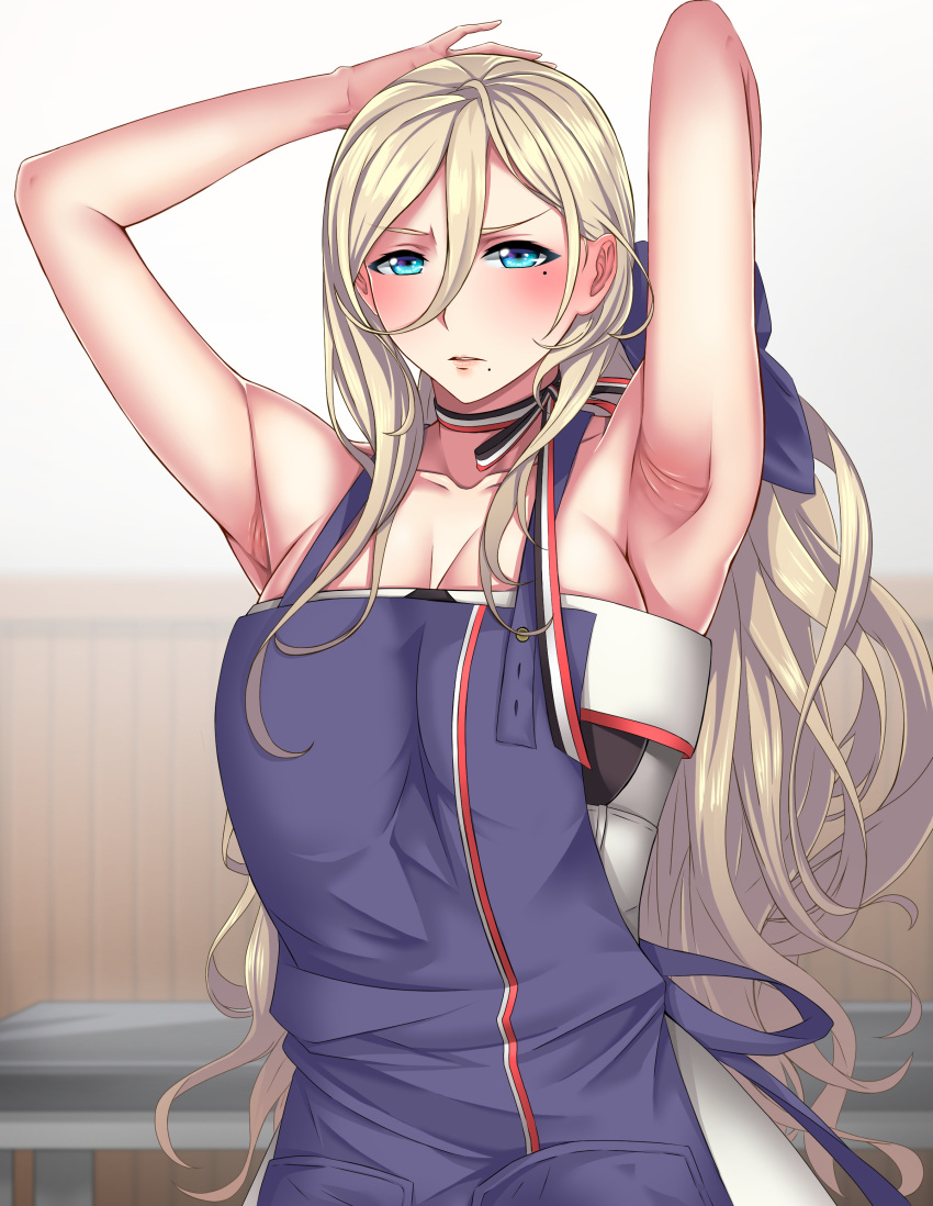 1girl absurdres apron armpits arms_up blonde_hair blue_eyes blush bow breasts cleavage collarbone commentary_request hair_bow highres huge_breasts kantai_collection long_hair looking_at_viewer mole mole_under_eye obei_teitoku richelieu_(kantai_collection) solo very_long_hair
