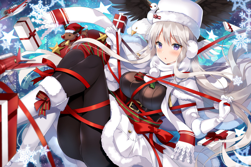 1girl absurdres azur_lane bald_eagle belt belt_buckle bird boots box breasts buckle capelet eagle earmuffs enterprise_(azur_lane) enterprise_(reindeer_master)_(azur_lane) fur_trim gift gift_box hat highres kurot large_breasts long_hair pantyhose reindeer ribbon santa_costume scarf silver_hair snowman tangled underbust violet_eyes white white_santa_costume