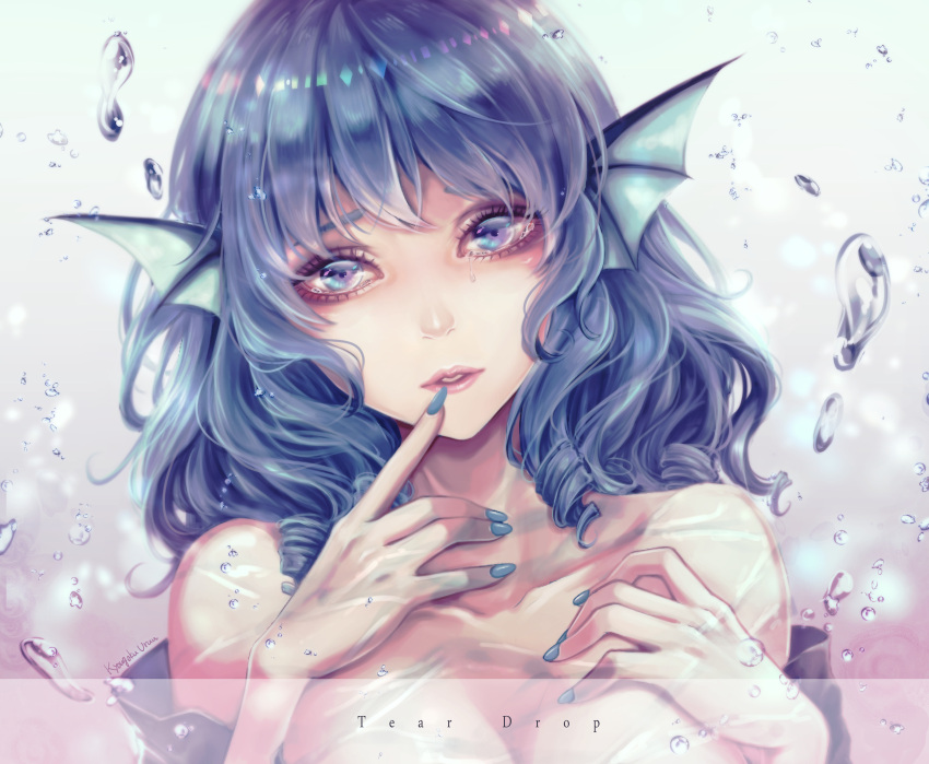 1girl absurdres artist_name bare_shoulders blue_eyes blue_hair breasts bubble cleavage collarbone commentary_request drill_hair head_fins highres kyogoku-uru looking_at_viewer nail_polish parted_lips solo tears touhou twin_drills underwater upper_body wakasagihime
