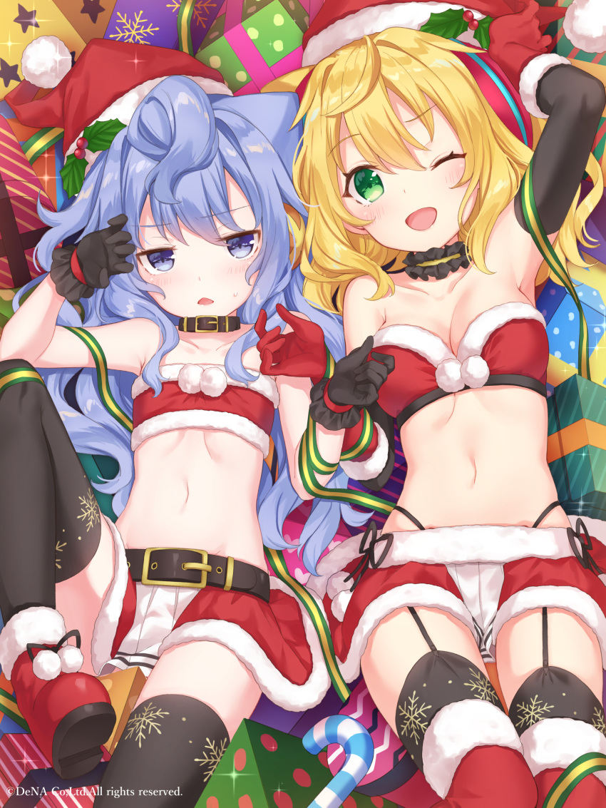 1boy 1girl ;d absurdres ahoge arm_up arm_warmers armpits bandeau bangs bare_arms bare_shoulders black_gloves black_legwear black_panties blonde_hair blue_eyes blue_hair blush boots breasts candy candy_cane choker christmas cleavage collar collarbone commentary_request crop_top food frilled_choker frills fur-trimmed_gloves fur_trim garter_straps gift glint gloves green_eyes green_ribbon groin hacka_doll hacka_doll_1 hacka_doll_3 hair_between_eyes hands_up hat highleg highleg_panties highres jimmy leg_up long_hair lying medium_breasts midriff miniskirt navel on_back one_eye_closed open_mouth otoko_no_ko panties parted_lips pom_pom_(clothes) red_footwear red_gloves red_hat red_shirt red_shorts red_skirt ribbon santa_hat shirt shoes short_shorts shorts side-by-side sidelocks skirt smile snowflake_print sweatdrop thigh-highs thigh_boots underwear watermark zettai_ryouiki