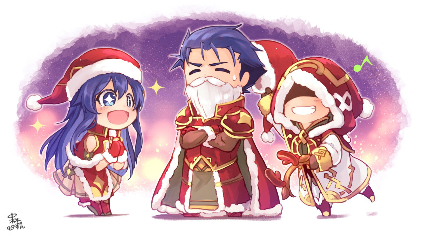 +_+ 1boy 1girl 1other antlers armor beard blue_eyes blue_hair cape closed_eyes crossed_arms facial_hair fake_beard fake_facial_hair fake_mustache father_and_daughter fire_emblem fire_emblem:_fuuin_no_tsurugi fire_emblem:_rekka_no_ken fire_emblem_heroes fur_trim grin hat hector_(fire_emblem) highres holding holding_hat hood hood_up lilina long_hair long_sleeves mittens mustache nakabayashi_zun nintendo open_mouth own_hands_together pom_pom_(clothes) red_hat red_mittens reindeer_antlers robe santa_costume short_hair signature smile summoner_(fire_emblem_heroes)