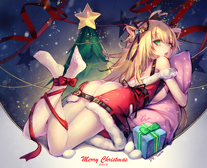 1girl ass bangs belt blonde_hair blush bound_ankles breasts buckle christmas_ornaments christmas_tree crossed_ankles dk.senie dress elbow_gloves fur-trimmed_dress gift gloves green_eyes hair_ornament hair_ribbon large_breasts leg_ribbon long_hair lying merry_christmas on_stomach open_mouth original pantyhose pillow pillow_hug red_dress red_ribbon ribbon sideboob sidelocks signature solo suspenders two_side_up white_legwear