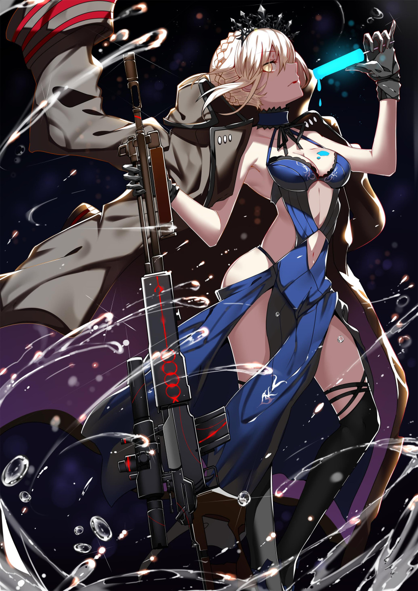 absurdres armpits artoria_pendragon_(all) artoria_pendragon_(swimsuit_rider_alter) bare_shoulders blonde_hair breasts choker cleavage collarbone contrapposto crown dragunov_svd fate/grand_order fate_(series) food gloves glowing gun halterneck highres jeanne_d'arc_(alter_swimsuit_berserker) jeanne_d'arc_(fate)_(all) lips lipstick looking_at_viewer looking_to_the_side makeup medium_breasts navel navel_cutout pale_skin pinky_out popsicle profile rifle skindentation sniper_rifle standing thigh-highs thong trench_coat water weapon wind yellow_eyes