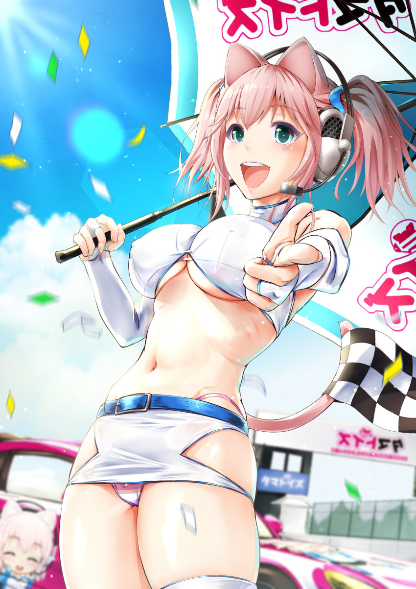 1girl absurdres animal_ears blush boots breasts cat_ears cat_tail covered_nipples crop_top ganari_ryuu gloves green_eyes ground_vehicle headphones headset highres hip_vent large_breasts long_hair looking_at_viewer midriff motor_vehicle navel open_mouth original panties pink_hair racequeen smile solo super_tama_musume tail tamatoys thigh-highs thigh_boots umbrella under_boob underwear