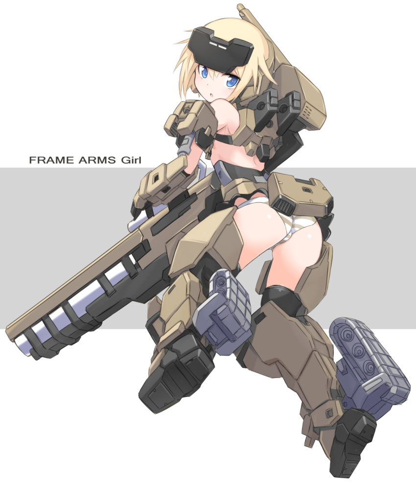1girl armored_boots ass bangs black_legwear blonde_hair blue_eyes boots commentary_request copyright_name frame_arms_girl gourai grey_background hair_between_eyes highres karukan_(monjya) looking_at_viewer looking_back mecha_musume panties parted_lips shoe_soles sidelocks solo striped striped_panties thigh-highs two-tone_background underwear white_background