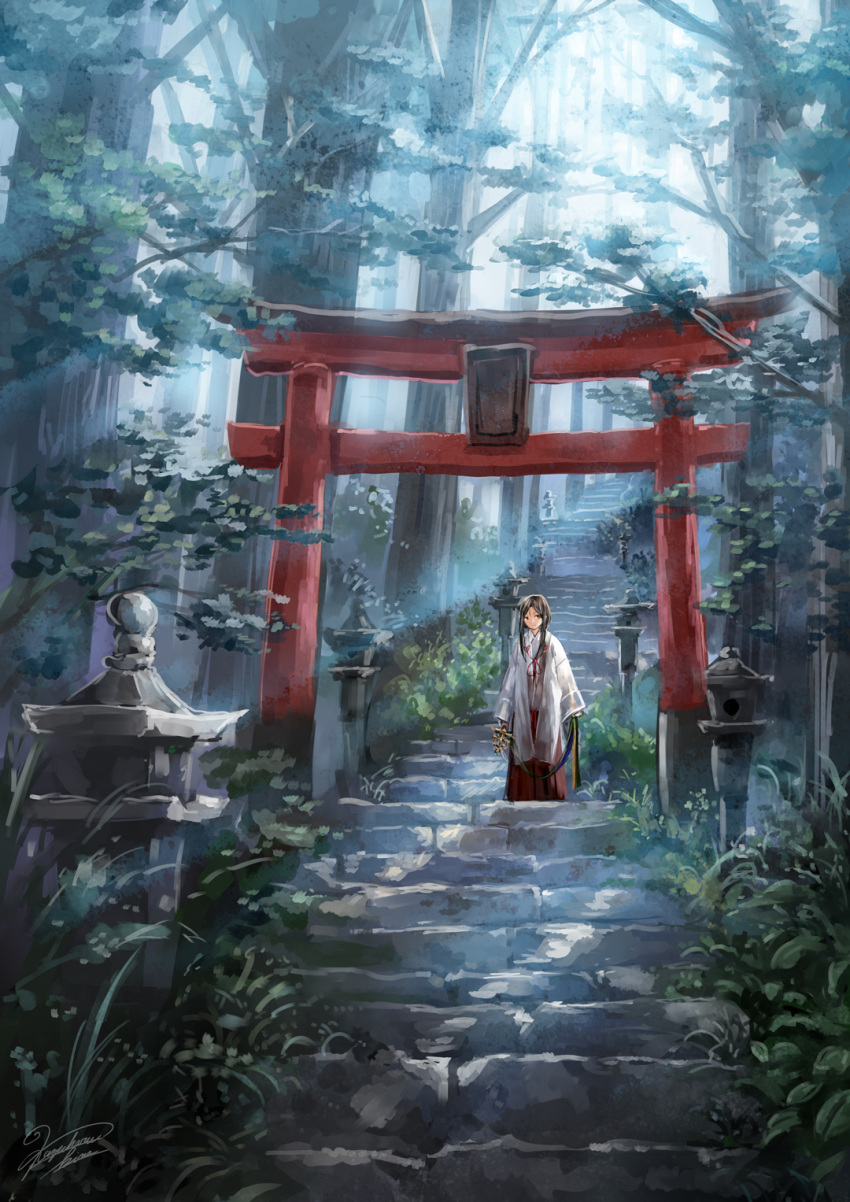 1girl bell black_hair brown_eyes commentary_request day forest grass hakama highres holding japanese_clothes jingle_bell kagura_suzu kazuharu_kina kimono light_rays long_hair long_sleeves looking_away miko nature neck_ribbon original outdoors plant red_hakama red_neckwear ribbon scenery sidelocks signature solo stairs standing sunbeam sunlight torii tree white_kimono wide_shot wide_sleeves