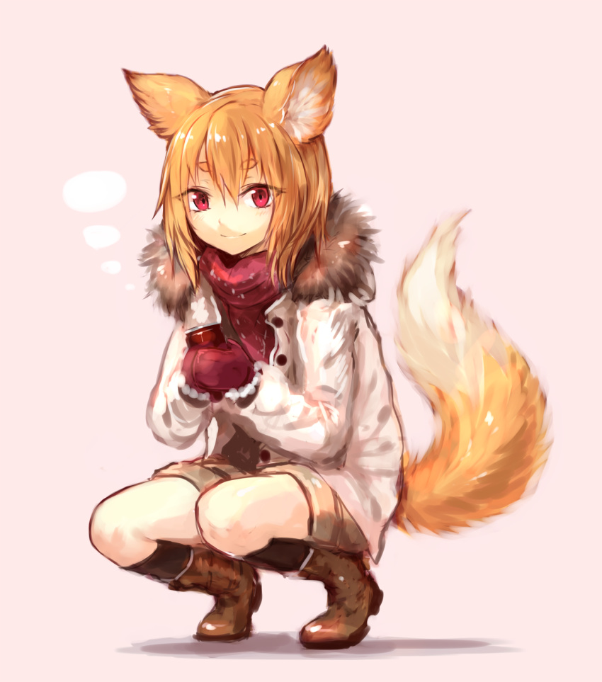 1girl animal_ears blonde_hair boots can canned_coffee coat fox_ears fox_girl fox_tail fur-trimmed_coat fur_trim gloves highres original red_eyes shorts squatting sukemyon tail