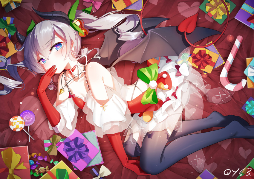 1girl arched_back asymmetrical_legwear bai_yemeng bangs bare_shoulders bed_sheet bell black_legwear black_wings blue_eyes blush bow box breasts candy candy_cane candy_wrapper christmas closed_mouth commentary_request curled_horns demon_girl demon_horns demon_tail demon_wings dress elbow_gloves eyebrows_visible_through_hair food from_above gift gift_box gloves green_bow green_ribbon grey_hair hair_bell hair_between_eyes hair_ornament hair_ribbon hand_up heart heart-shaped_pupils horns jingle_bell lollipop long_hair looking_at_viewer looking_up lying no_shoes on_side original red_bow red_dress red_gloves ribbon see-through signature sleeveless sleeveless_dress small_breasts solo swirl_lollipop symbol-shaped_pupils tail thigh-highs twintails wings