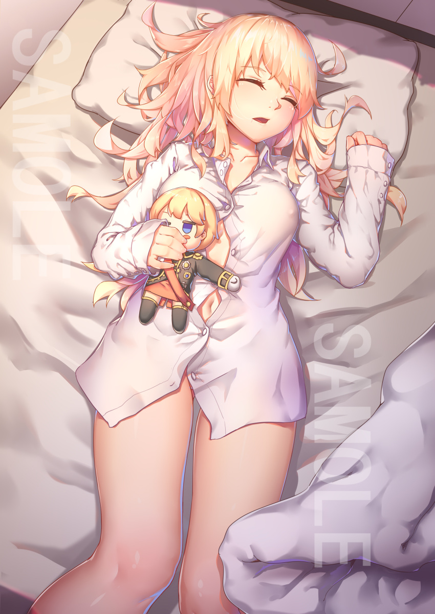 1girl absurdres bed bed_sheet blonde_hair bottomless breasts character_doll dress_shirt erect_nipples gluteal_fold highres long_hair lying medium_breasts messy_hair naked_shirt no_bra on_back on_bed open_mouth pillow ray_(pixiv9514208) rodney_(zhan_jian_shao_nyu) shirt sleeping solo warship_girls_r watermark white_shirt